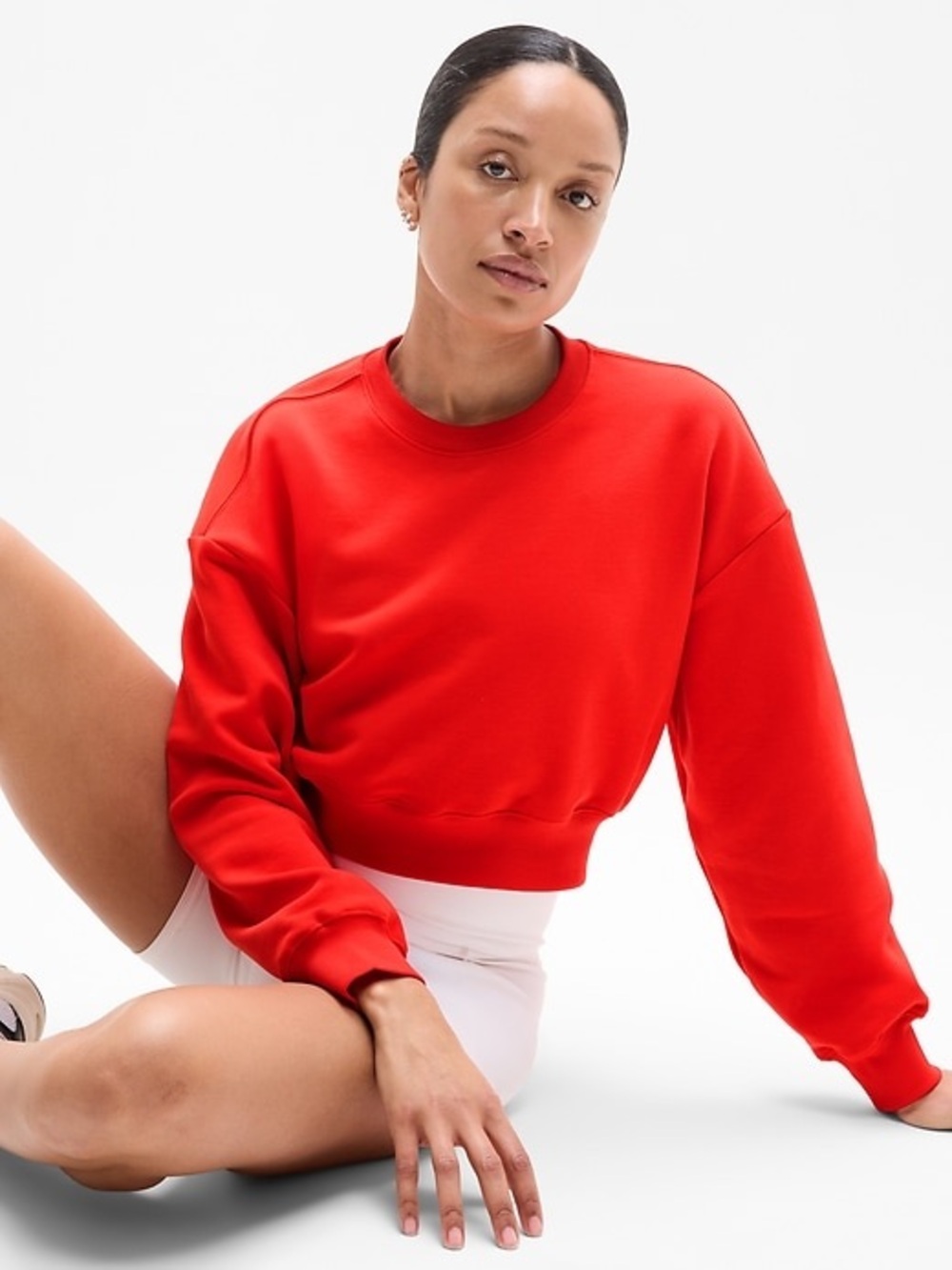 Athleta Coral Red Cropped Crewneck Sweatshirt